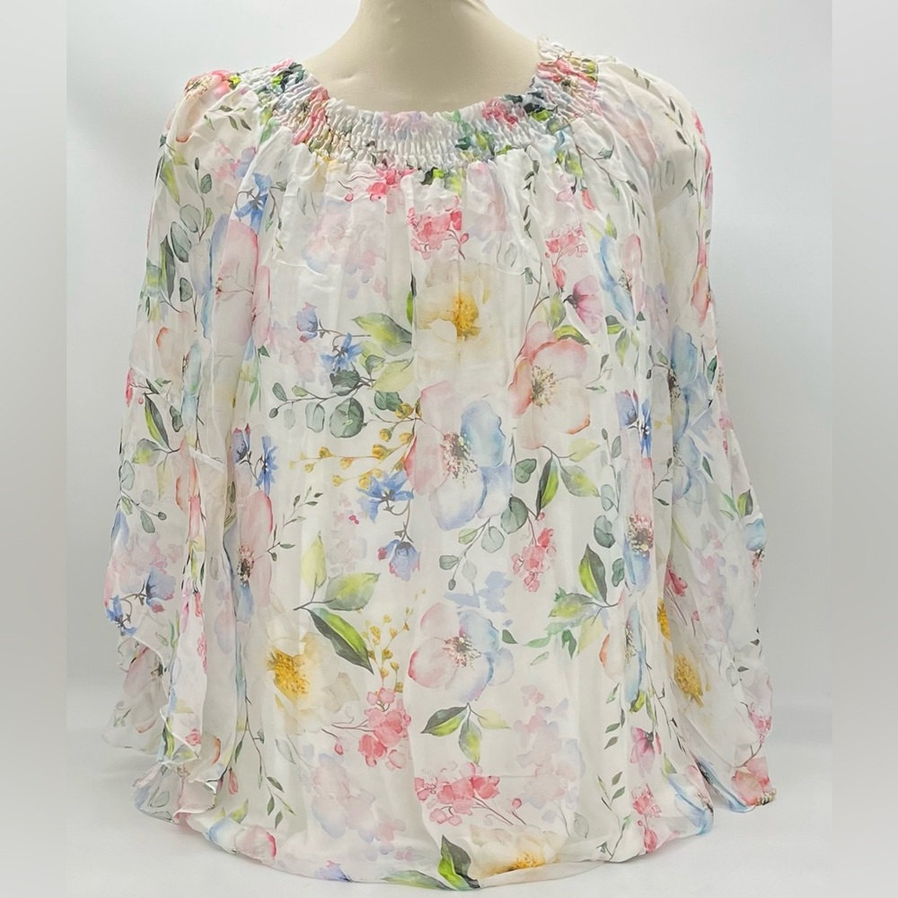 Viola Borghi Women’s Floral Silk Blend Trumpet Sleeve 2X Lined Scoop Neck Blouse